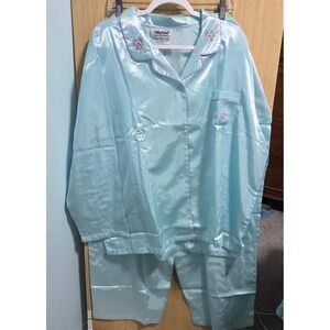 Anthony Richards Womens 3X Blue Satin Pajama Set Floral Embroidered 2pc 3818‎